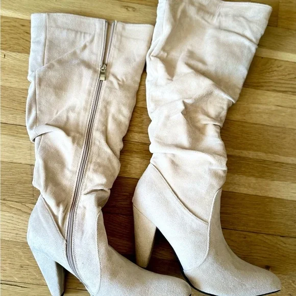 Beige Suede High Heel Slouch Boots – Chic Pointed Toe Zip Up Fall Style.